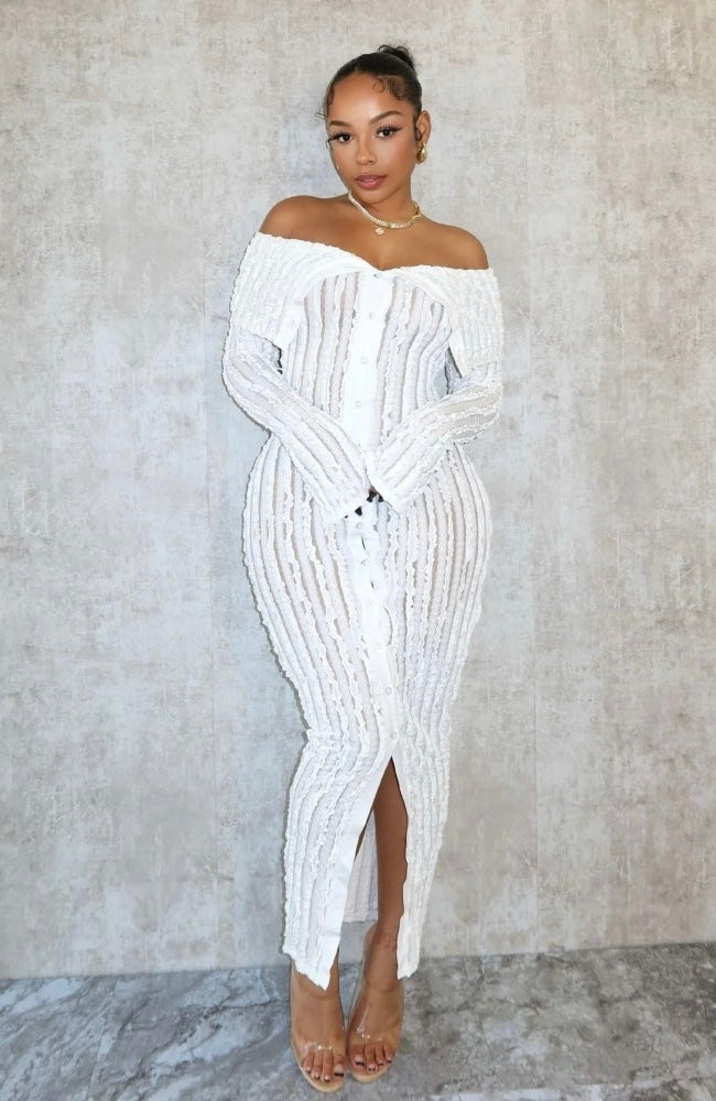 Off Shoulder Wave See Through Lapel Maxi Dress