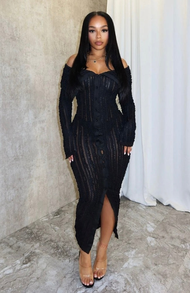 Off Shoulder Wave See Through Lapel Maxi Dress