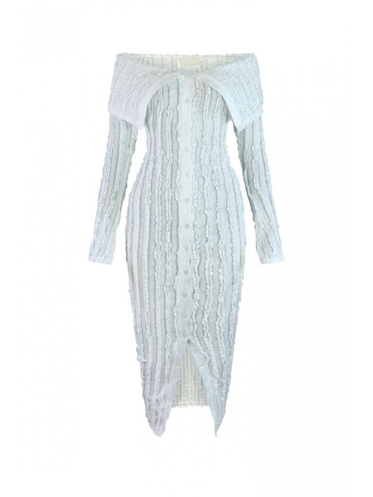 Off Shoulder Wave See Through Lapel Maxi Dress